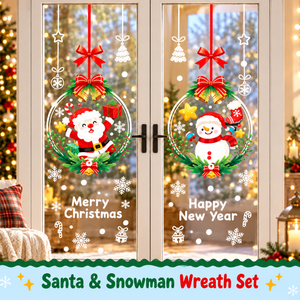 Santa and Snowman Wreath Set window stickers on a glass door, hero shot