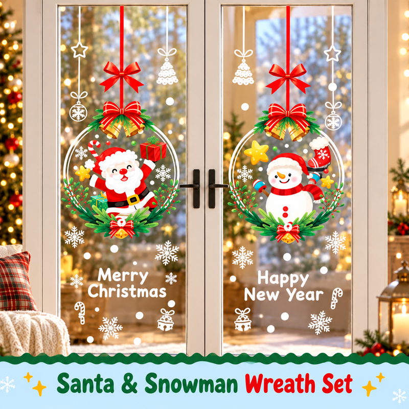Santa and Snowman Wreath Set window stickers on a glass door, hero shot