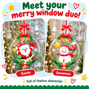 Meet your merry window duo - Santa design and Snowman design shown separately