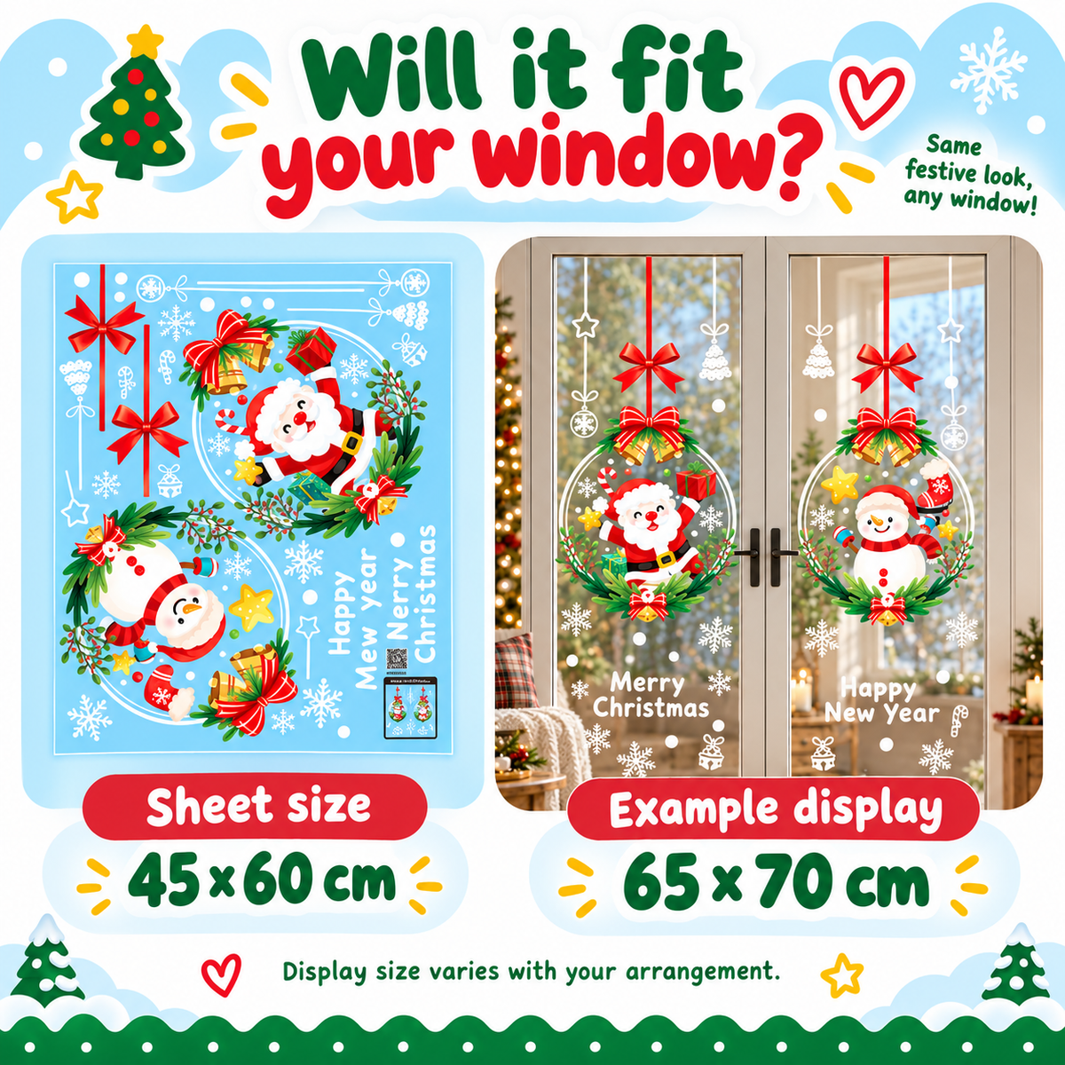 Will it fit your window - sheet size 45x60cm, example display 65x70cm