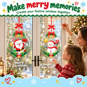 Make merry memories - family applying Santa and Snowman wreath stickers to a window