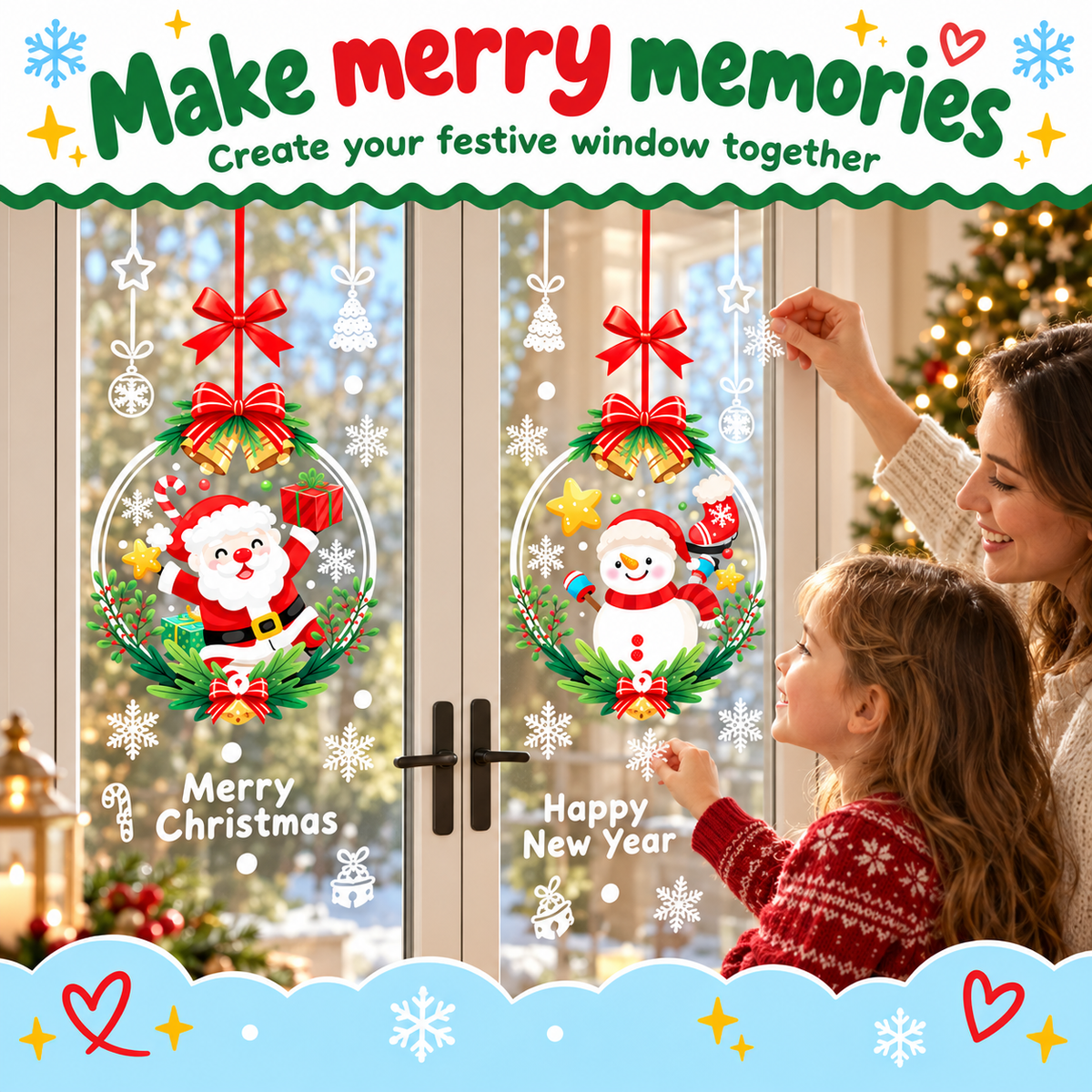 Make merry memories - family applying Santa and Snowman wreath stickers to a window