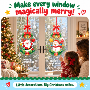 Make every window magically merry - mother and daughter with Santa and Snowman wreath stickers