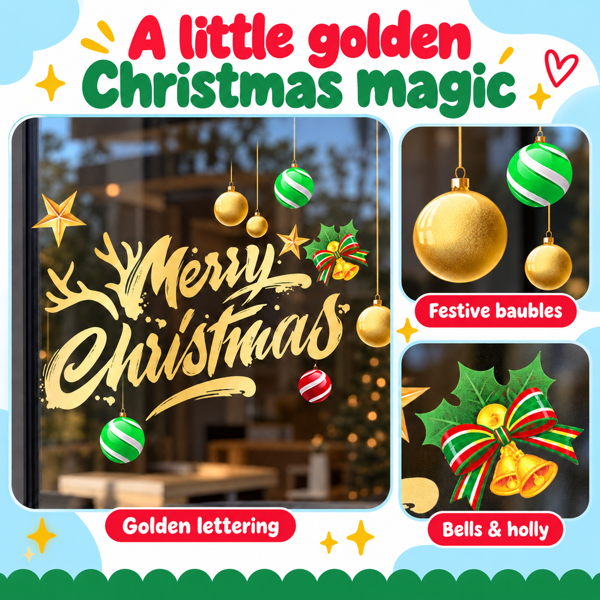 A little golden Christmas magic - detail shots of festive baubles and bells and holly