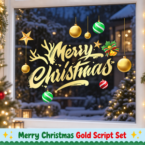 Merry Christmas Gold Script window stickers on a glass door at night, hero shot