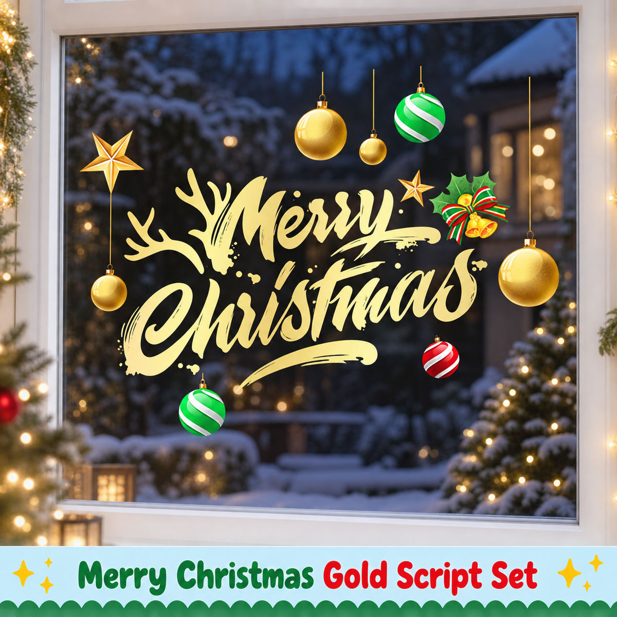 Merry Christmas Gold Script window stickers on a glass door at night, hero shot