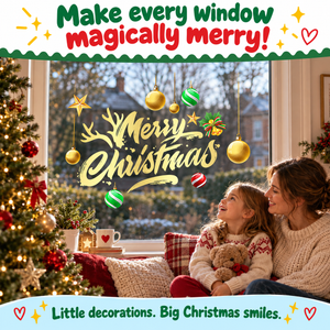 Make every window magically merry - mother and daughter with Gold Script Merry Christmas window stickers