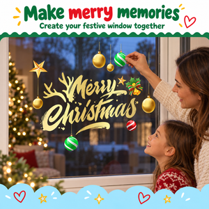 Make merry memories - family applying Gold Script Merry Christmas window stickers