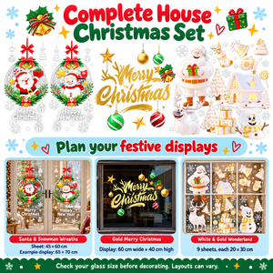 Complete House Christmas Set sizes — Santa and Snowman 45x60cm, Gold Merry Christmas 60x40cm, White and Gold 9 sheets 20x30cm each