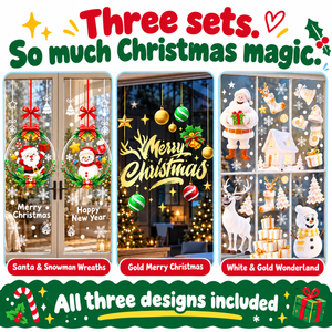 Three sets, so much Christmas magic — Santa and Snowman Wreaths, Gold Merry Christmas, White and Gold Wonderland