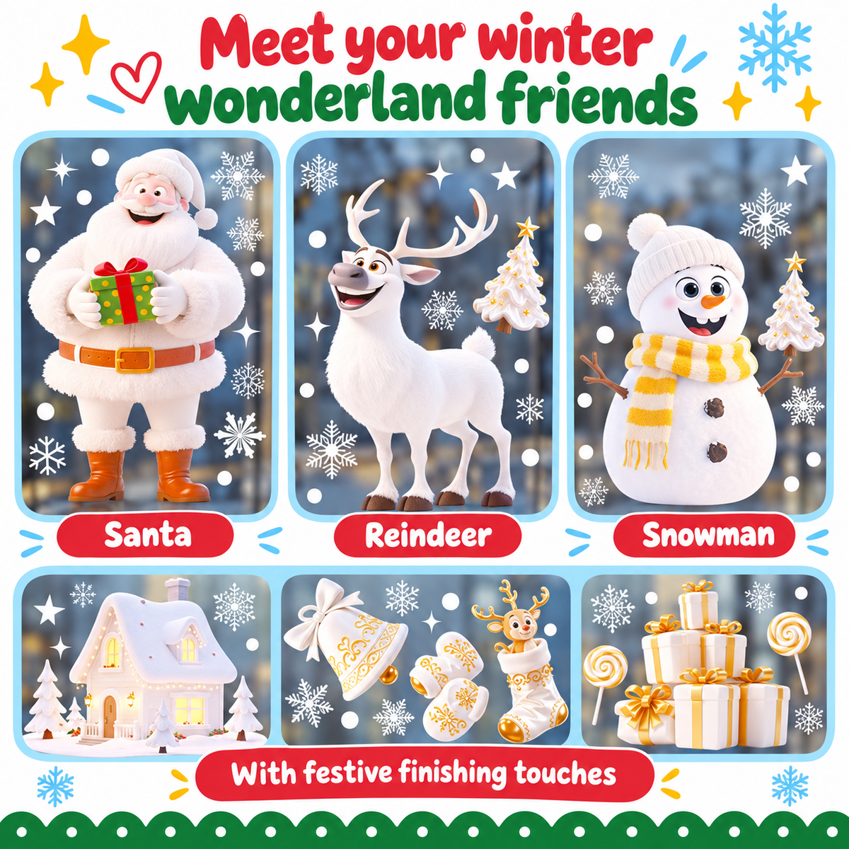 Meet your winter wonderland friends - Santa, reindeer and snowman pieces