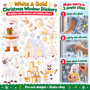 White and Gold Christmas Window Stickers flat sheet and 3-step application guide
