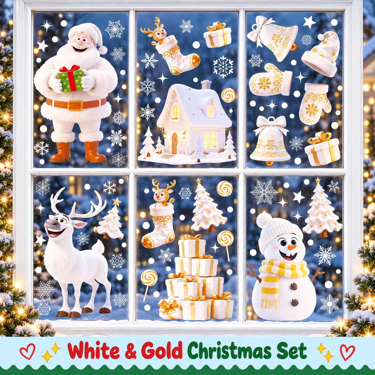 White and Gold Christmas window stickers on a window, hero shot