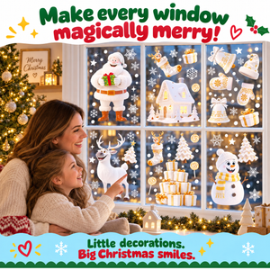 Make every window magically merry - mother and daughter with White and Gold Christmas window stickers