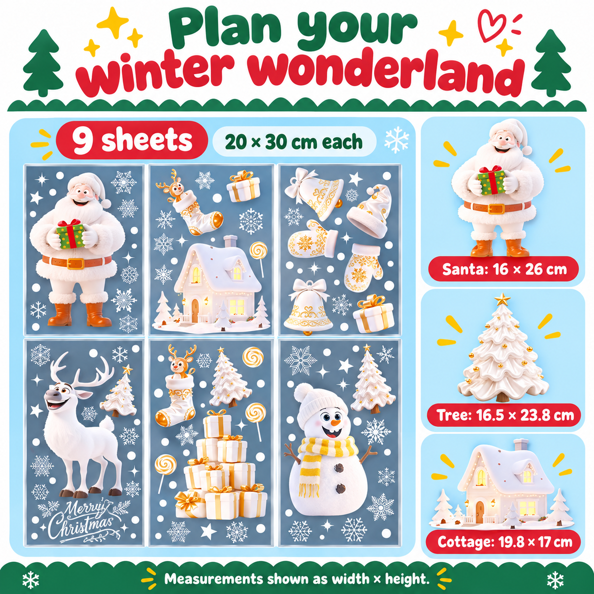 Plan your winter wonderland - 9 sheets 20x30cm each, Santa 16x26cm, Tree 16.5x23.8cm, Cottage 19.8x17cm